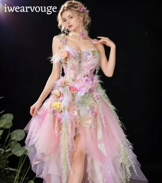 Pink Floral Fairy Dress, Butterfly Fantasy Costume, Fairycore Tulle High Low Gown
