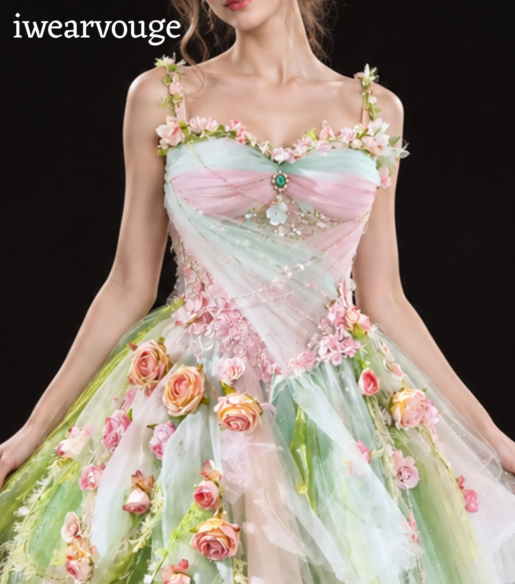 Mint Green Floral Fairy Dress, Pink Rose Fantasy Costume, Fairycore Tulle Gown - Image 4