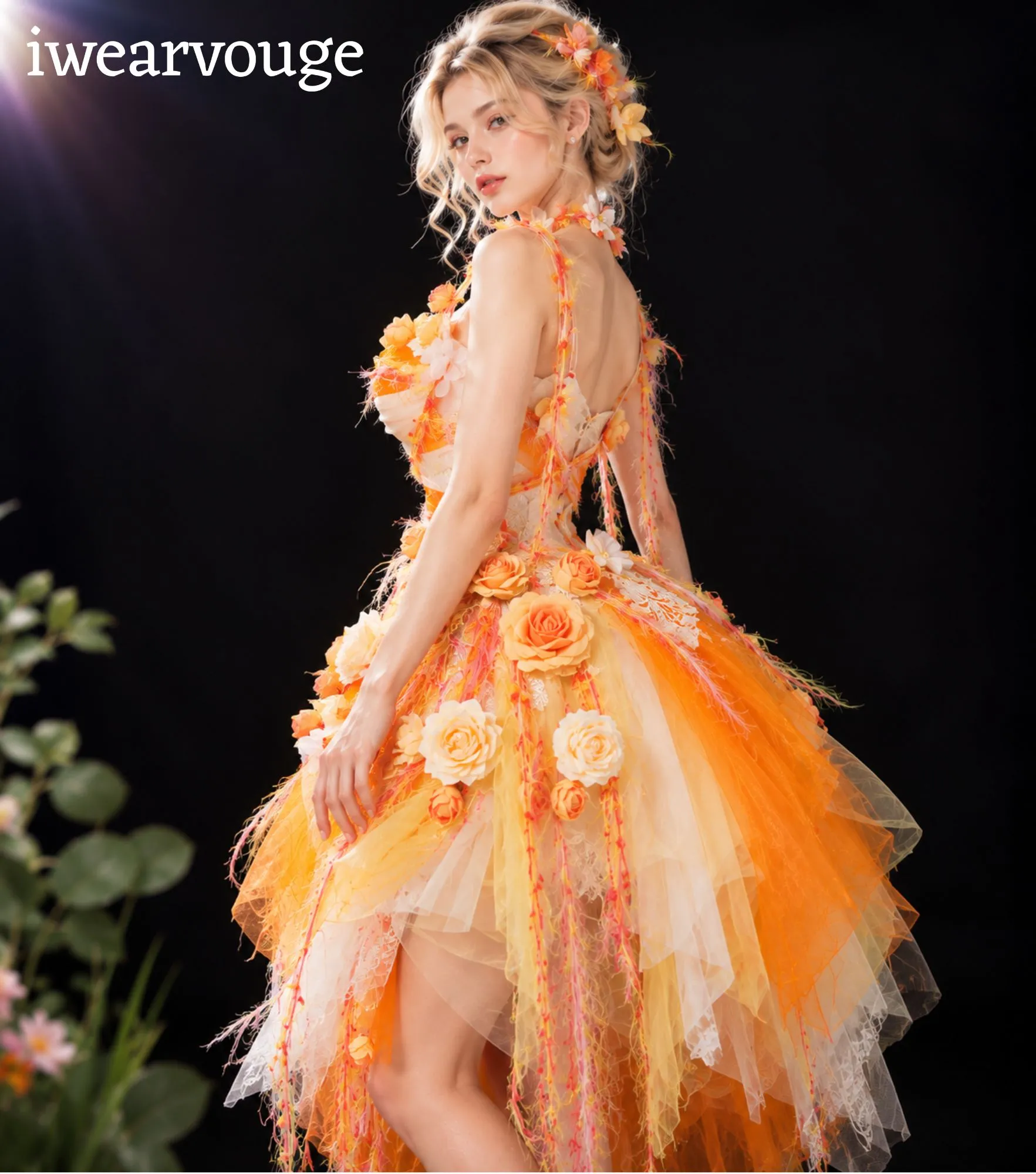 Orange Floral Fairy Dress, Woodland Fantasy Costume, Fairycore High Low Tulle Gown - Image 3