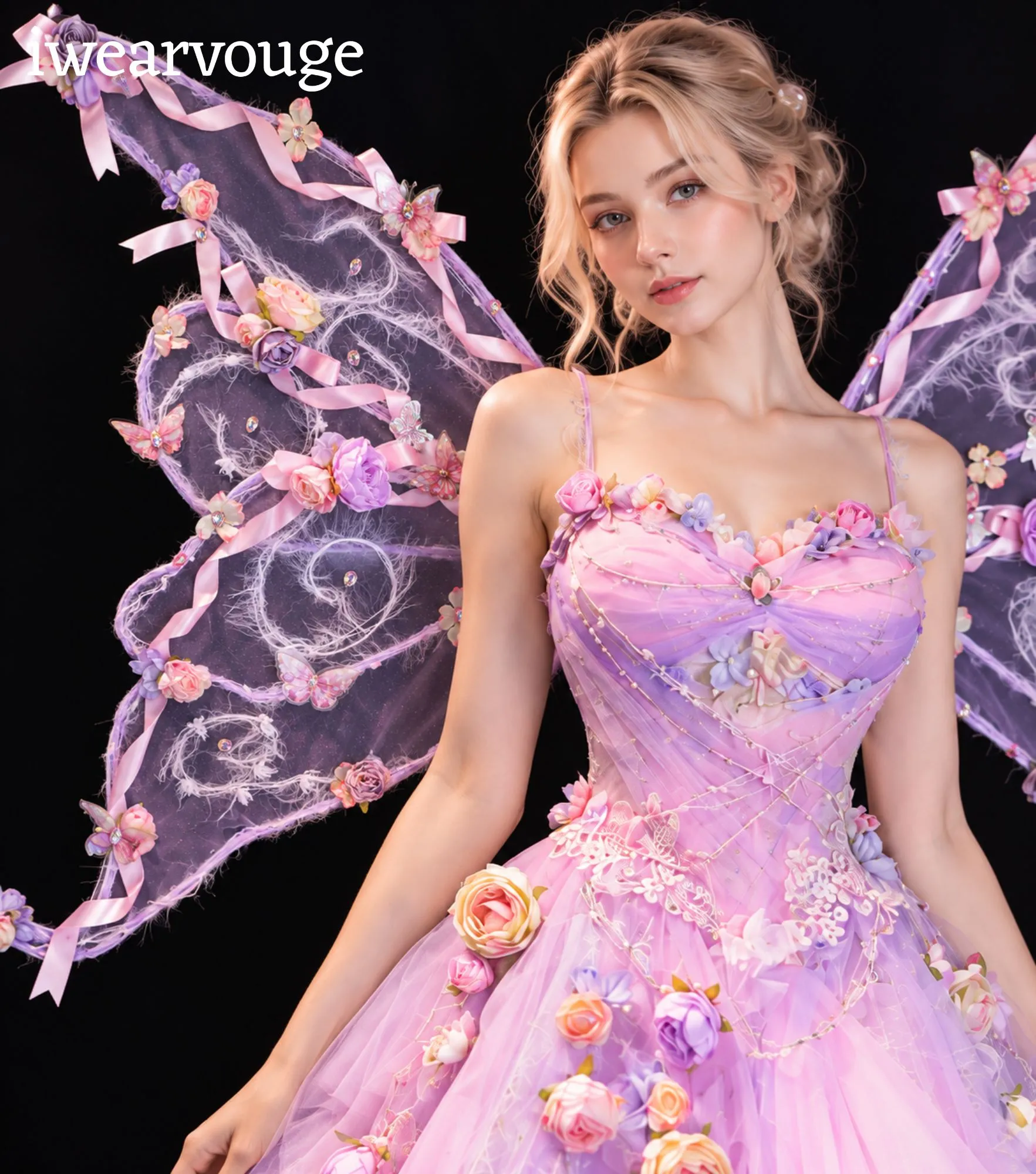 Purple Pink Fairy Dress with Wings, Floral Fantasy Costume, Fairycore Tulle Gown - Image 5