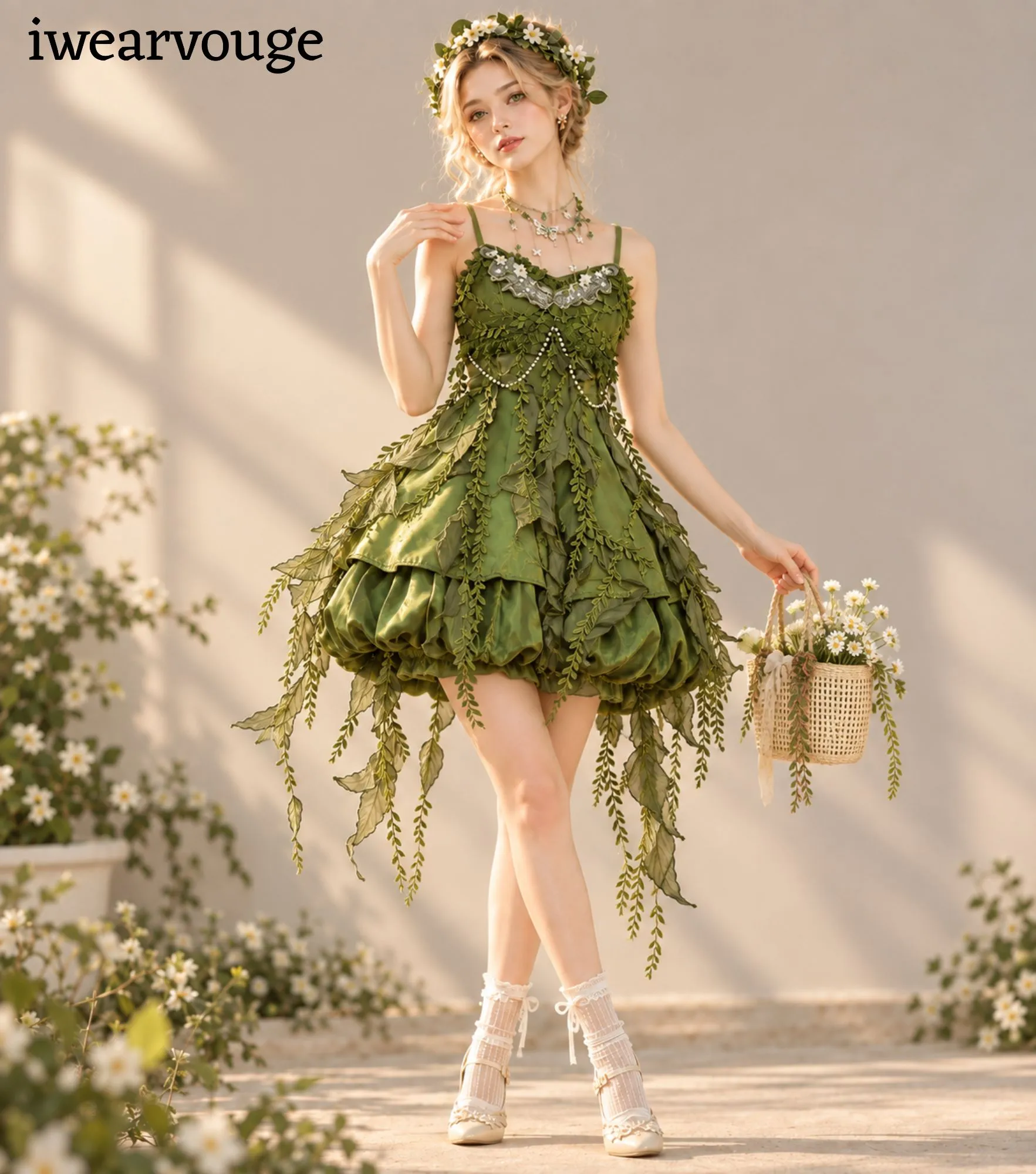 Green Woodland Fairy Dress, Leaf Corset Mini Gown, Cottagecore Fantasy Costume - Image 6
