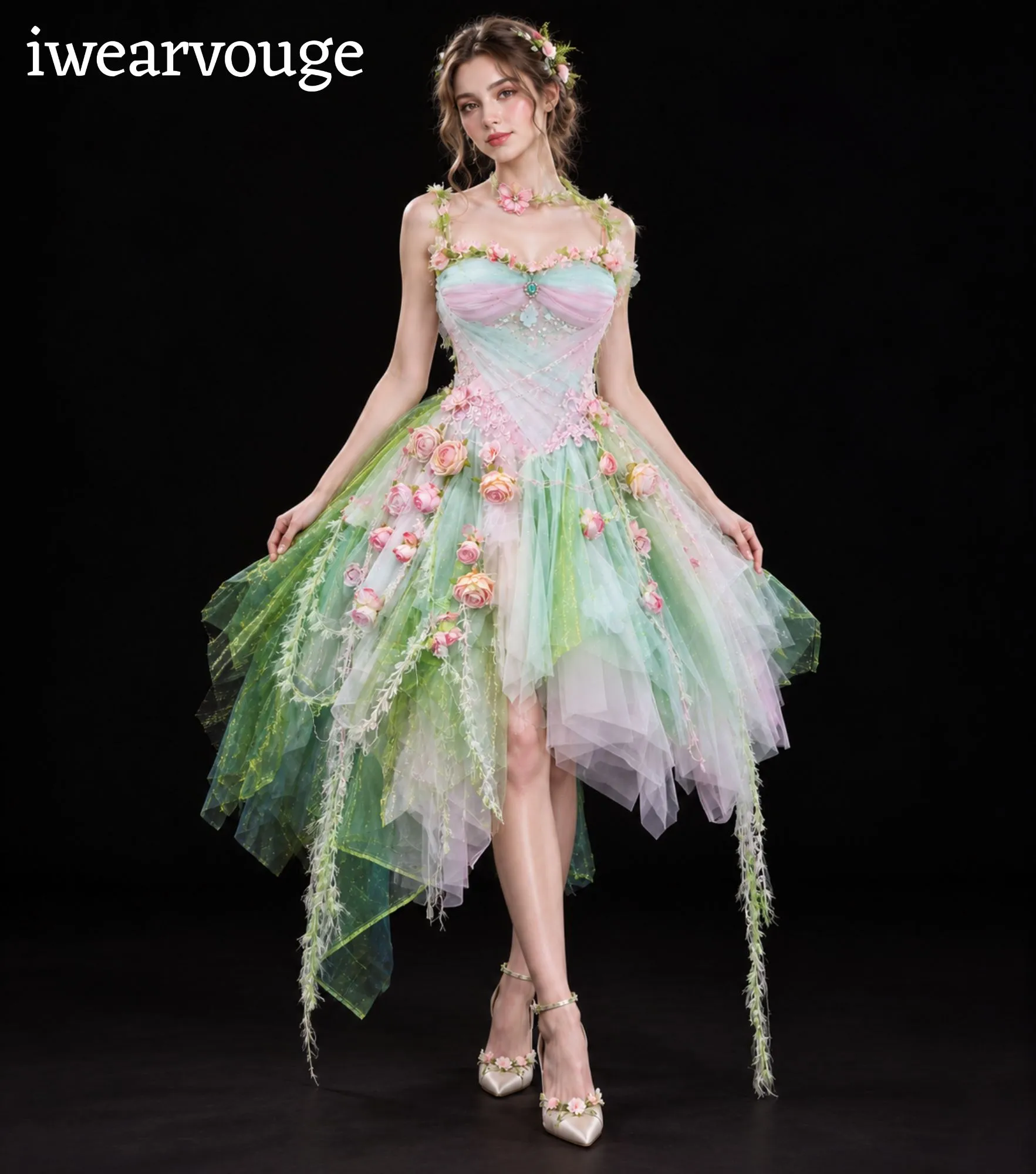 Mint Green Floral Fairy Dress, Pink Rose Fantasy Costume, Fairycore Tulle Gown