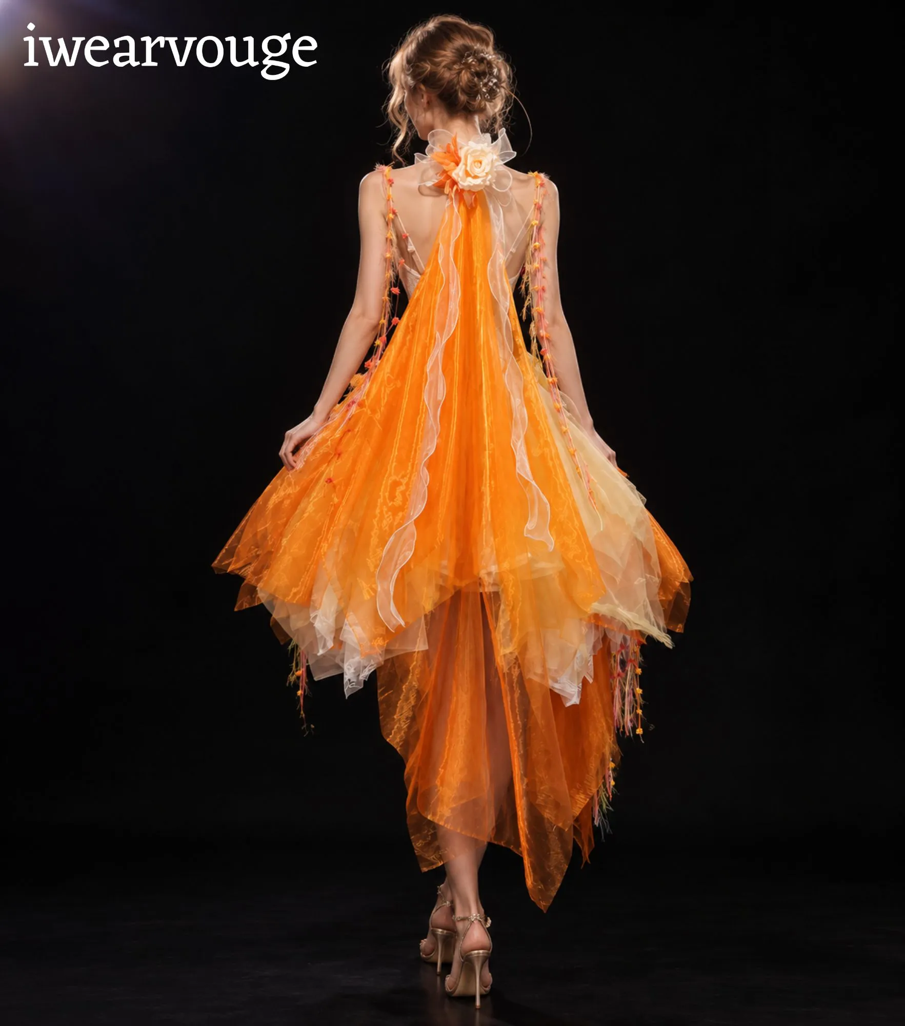 Orange Floral Fairy Dress, Woodland Fantasy Costume, Fairycore High Low Tulle Gown - Image 4