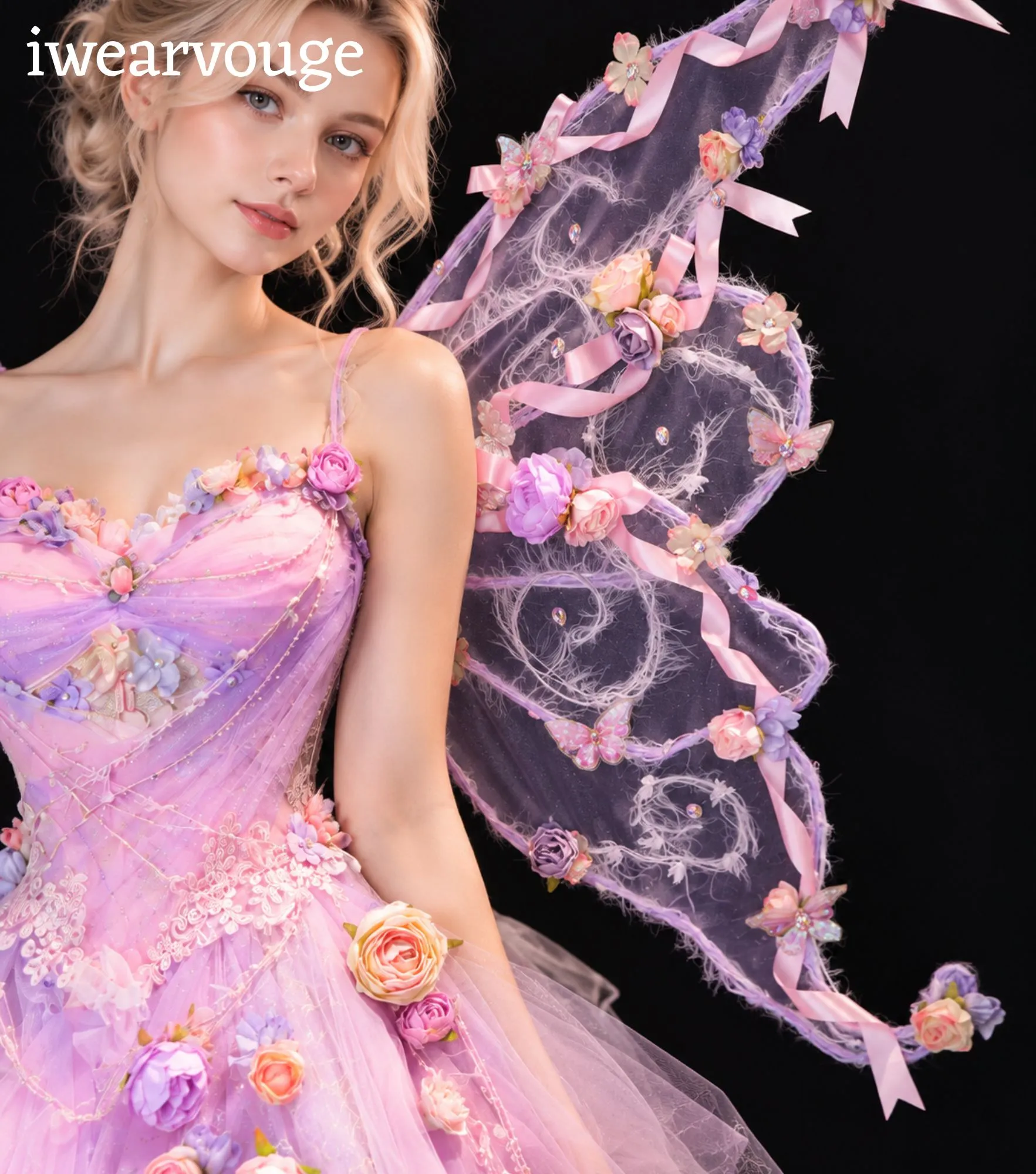 Purple Pink Fairy Dress with Wings, Floral Fantasy Costume, Fairycore Tulle Gown - Image 3