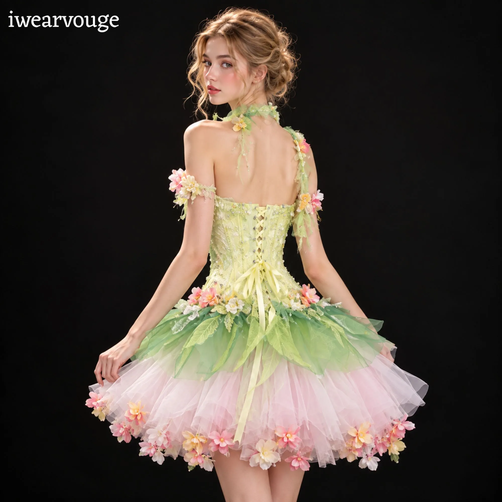 Fairycore Floral Corset Mini Dress, Woodland Fantasy Costume, Pastel Tulle Dress - Image 3