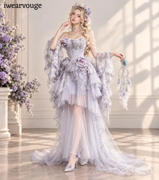 Lavender Fairy High Low Dress, Floral Corset Fantasy Gown, Romantic Tulle Costume