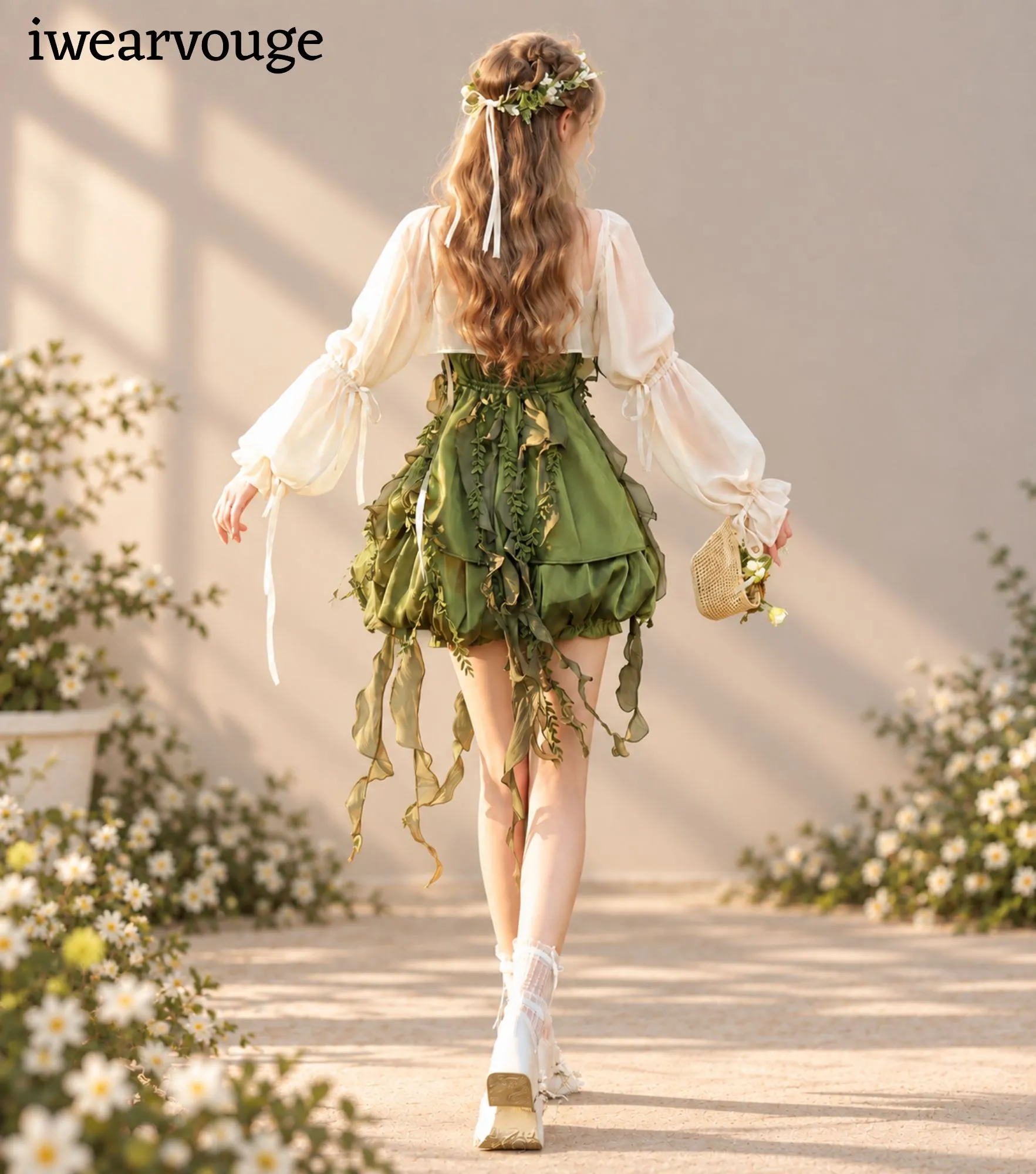 Green Woodland Fairy Dress, Leaf Corset Mini Gown, Cottagecore Fantasy Costume - Image 4