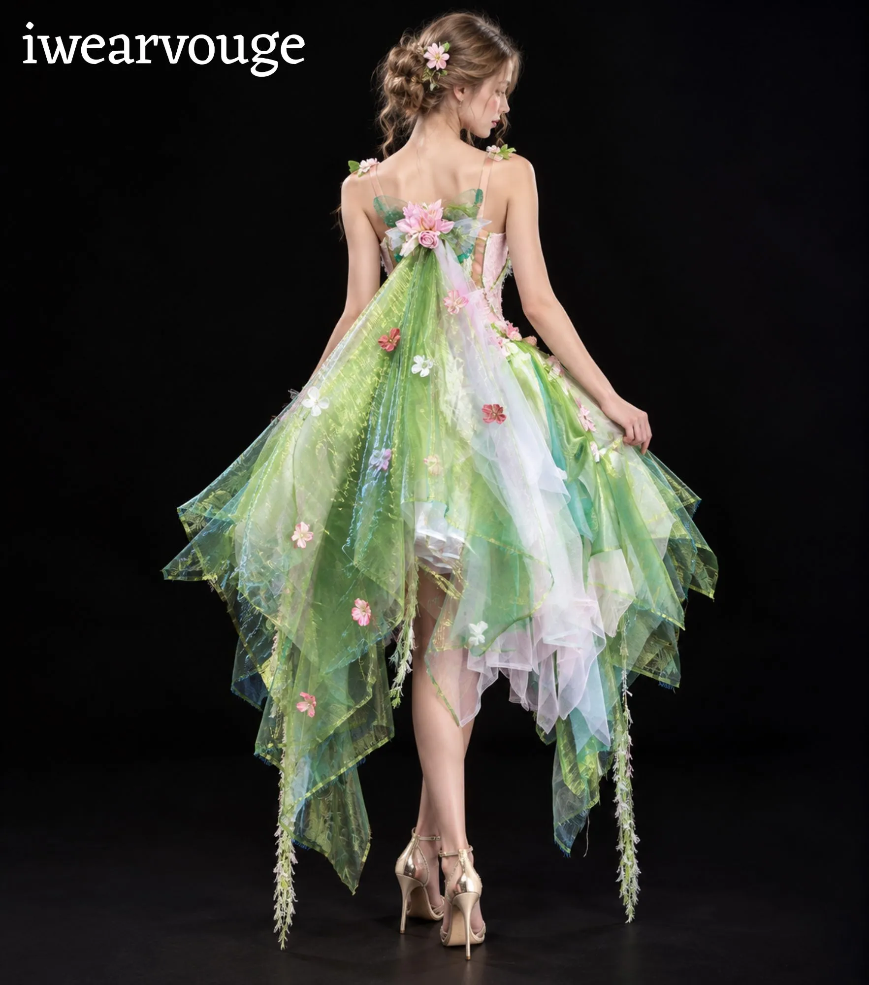Mint Green Floral Fairy Dress, Pink Rose Fantasy Costume, Fairycore Tulle Gown - Image 3
