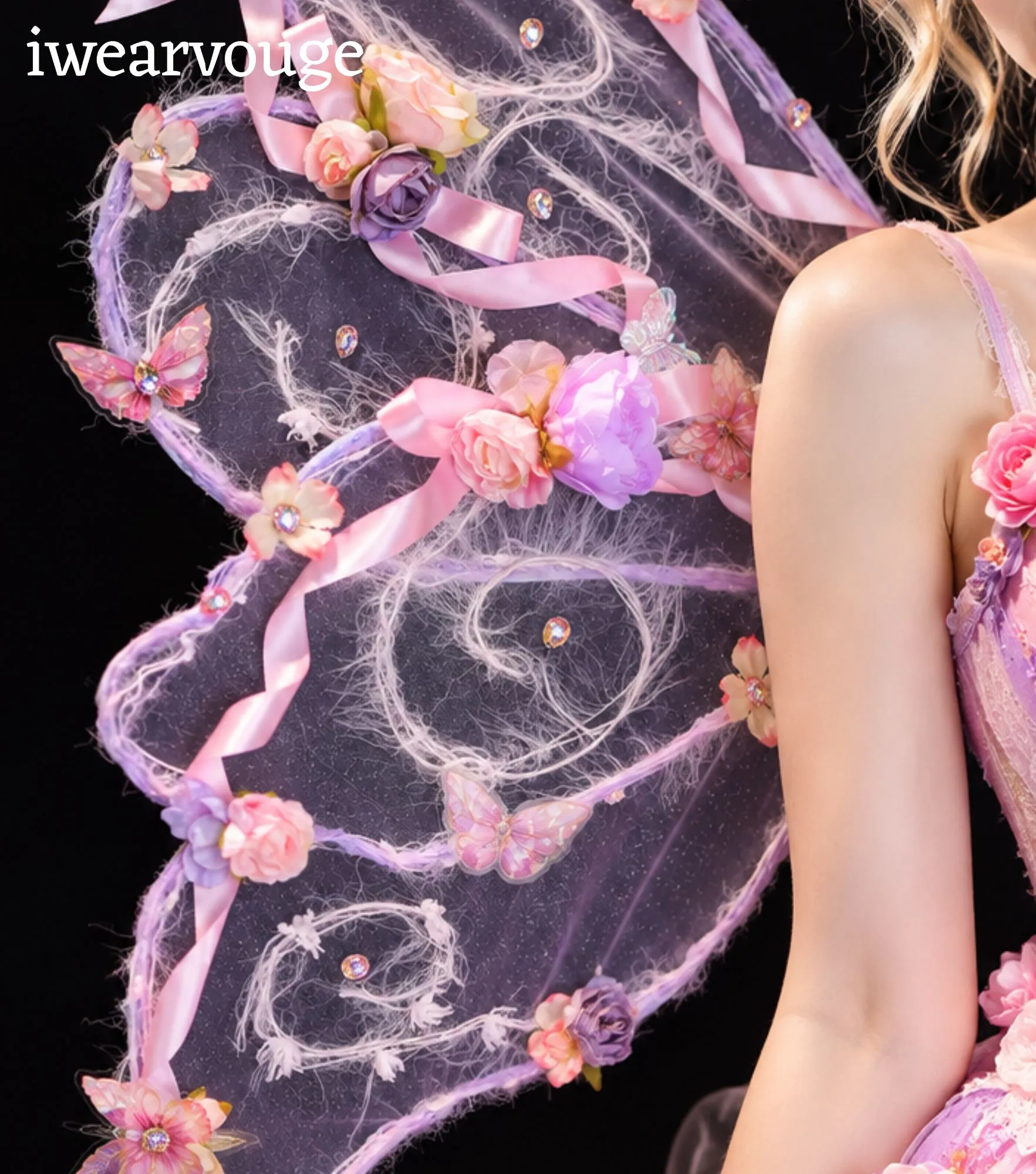 Purple Pink Fairy Dress with Wings, Floral Fantasy Costume, Fairycore Tulle Gown - Image 4