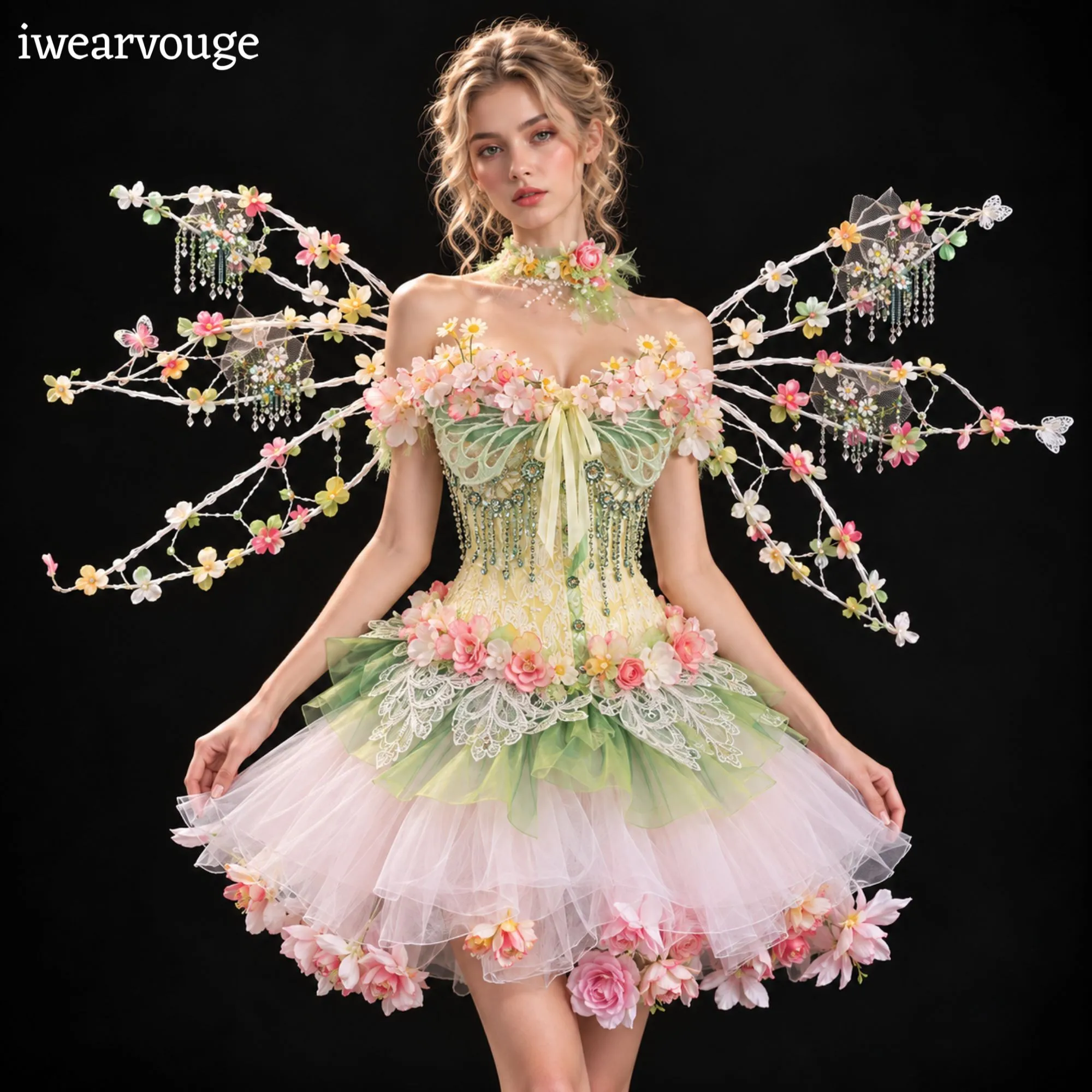 Fairycore Floral Corset Mini Dress, Woodland Fantasy Costume, Pastel Tulle Dress - Image 2