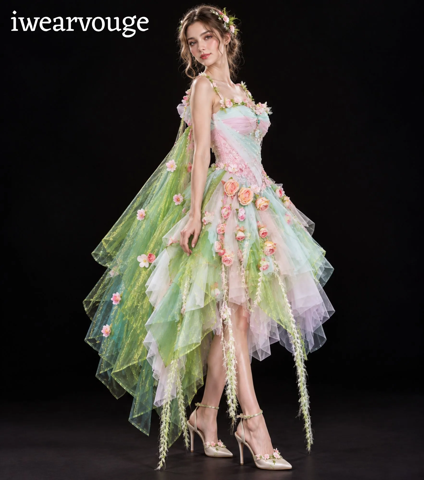 Mint Green Floral Fairy Dress, Pink Rose Fantasy Costume, Fairycore Tulle Gown - Image 2
