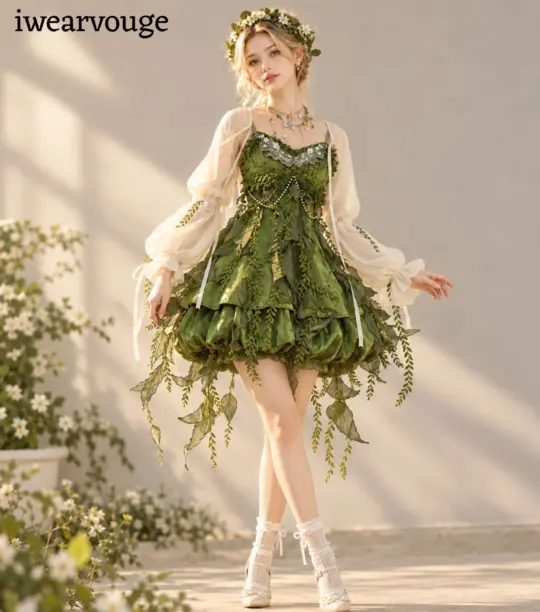 Green Woodland Fairy Dress, Leaf Corset Mini Gown, Cottagecore Fantasy Costume