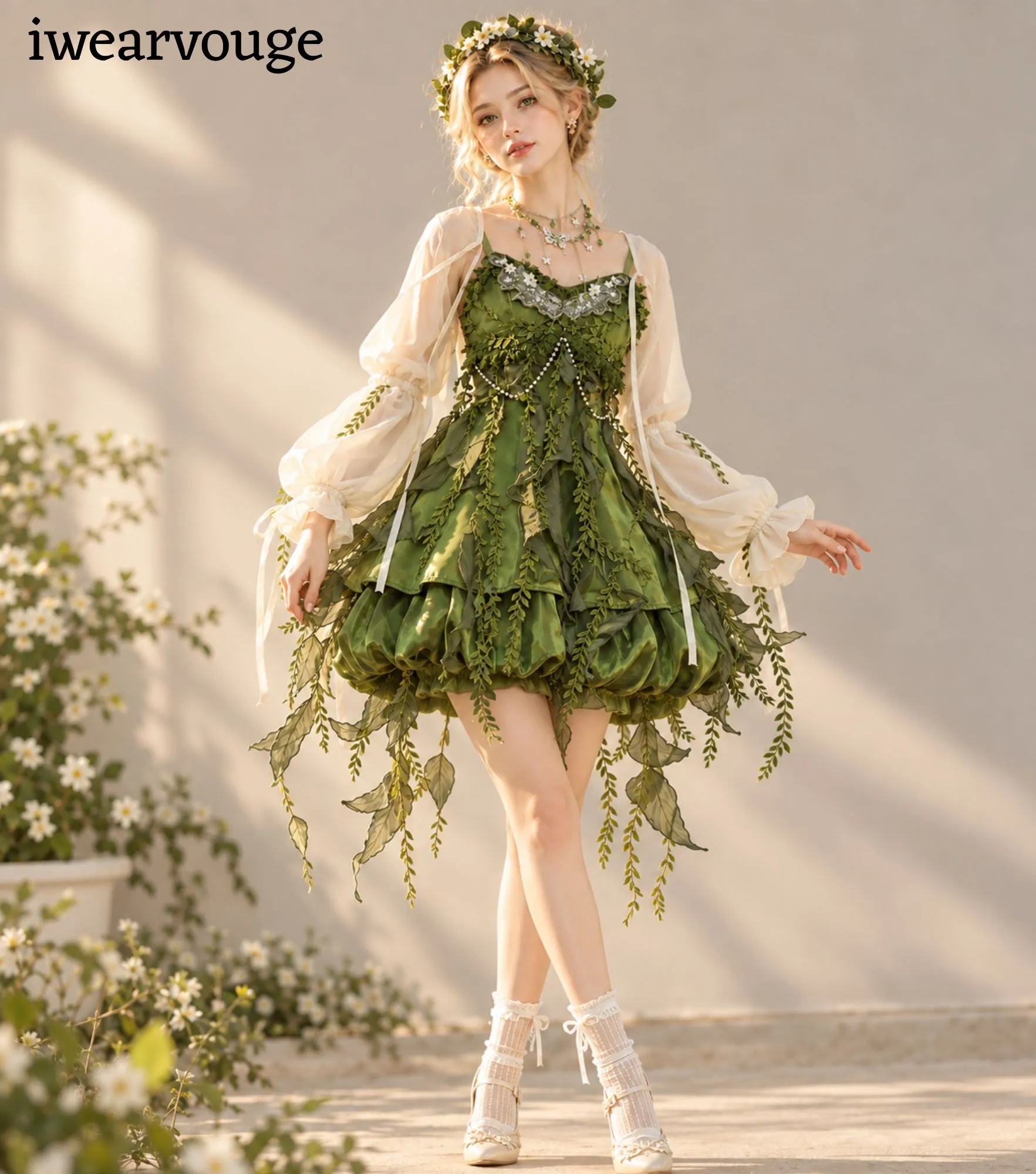 Green Woodland Fairy Dress, Leaf Corset Mini Gown, Cottagecore Fantasy Costume