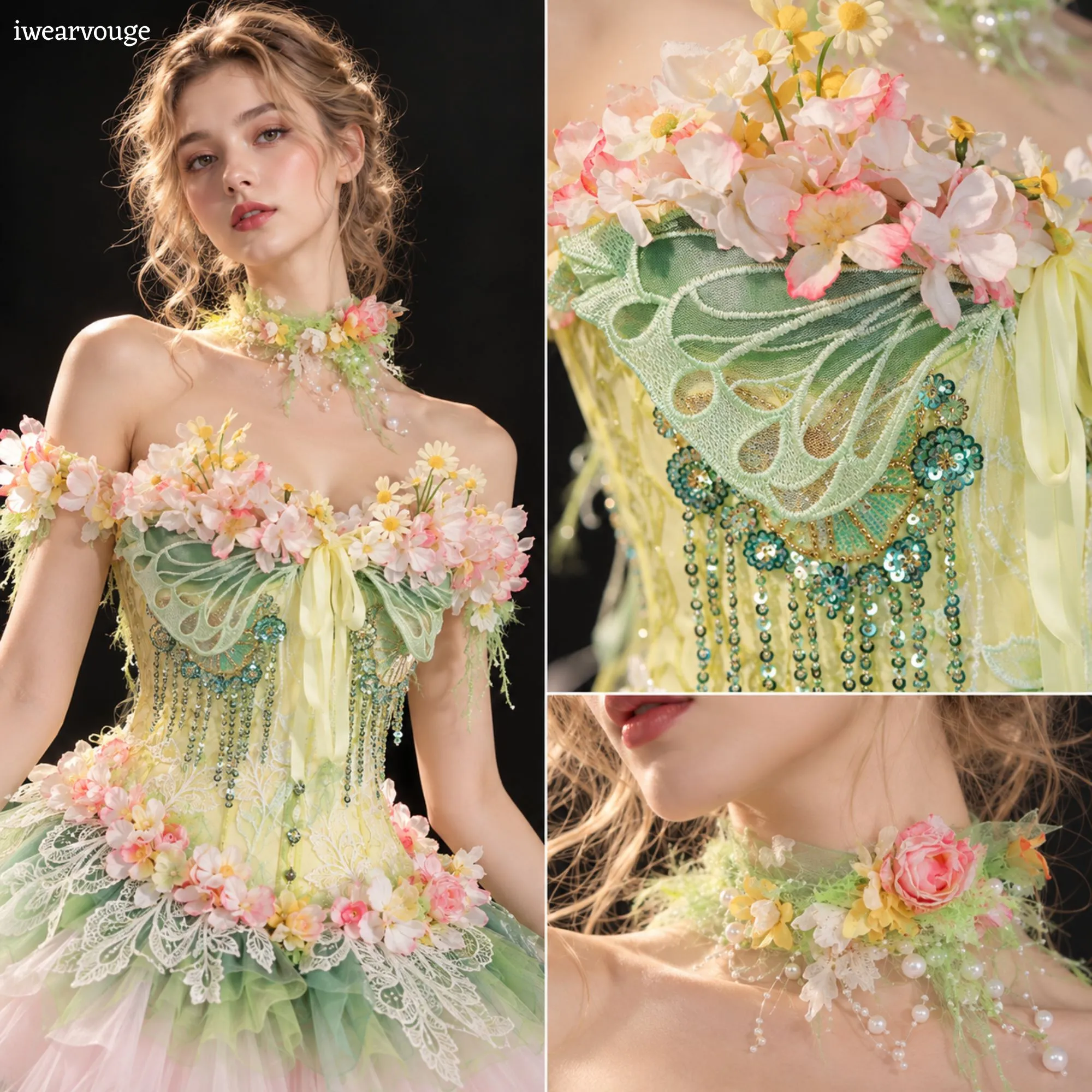 Fairycore Floral Corset Mini Dress, Woodland Fantasy Costume, Pastel Tulle Dress - Image 6