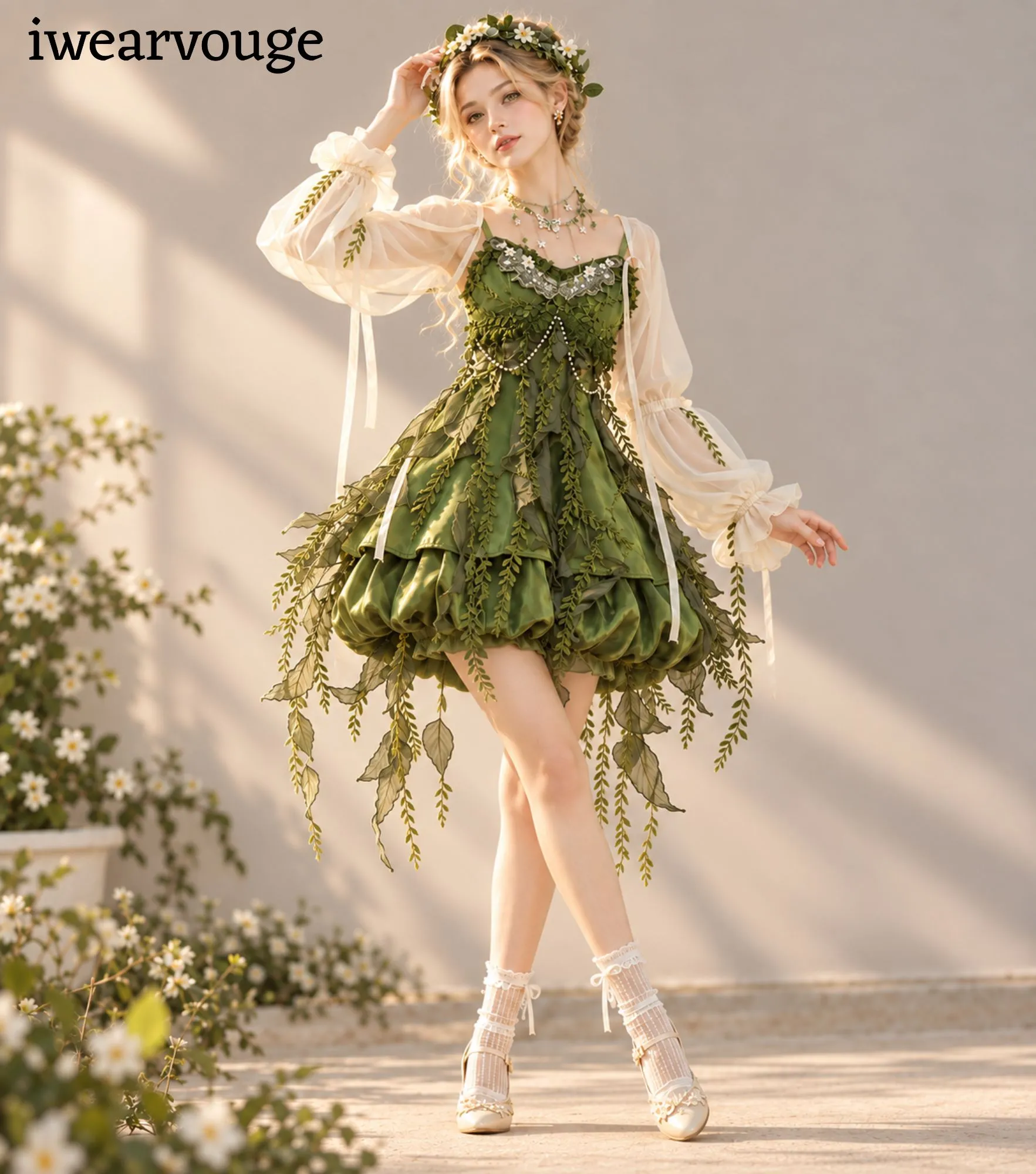 Green Woodland Fairy Dress, Leaf Corset Mini Gown, Cottagecore Fantasy Costume - Image 3